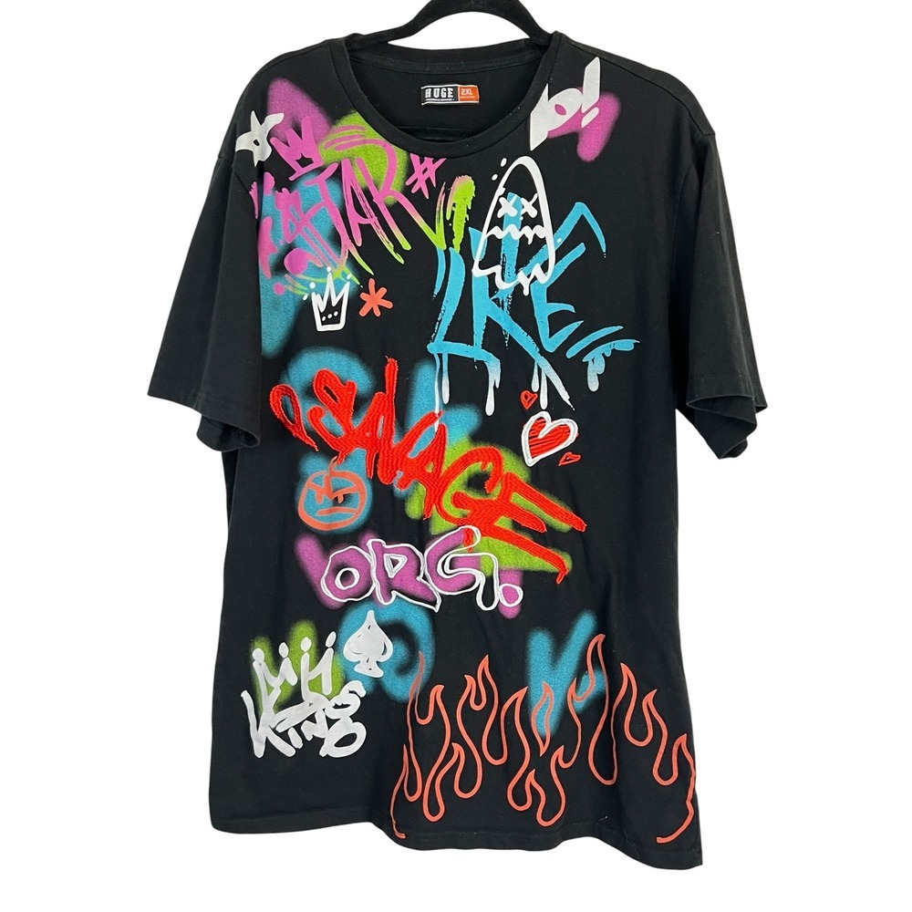Huge Fashion Exchange Men's Black Graffiti Print Savage Graphic T-Shirt -Size 2x